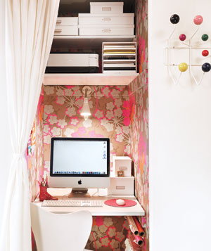 Home Office in Closet with Curtain Door